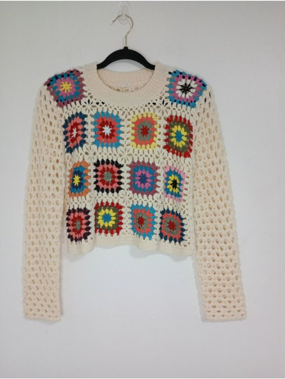 Colorful Crochet Knit Sweater Granny Square Design Open Weave Sleeves S By Debut